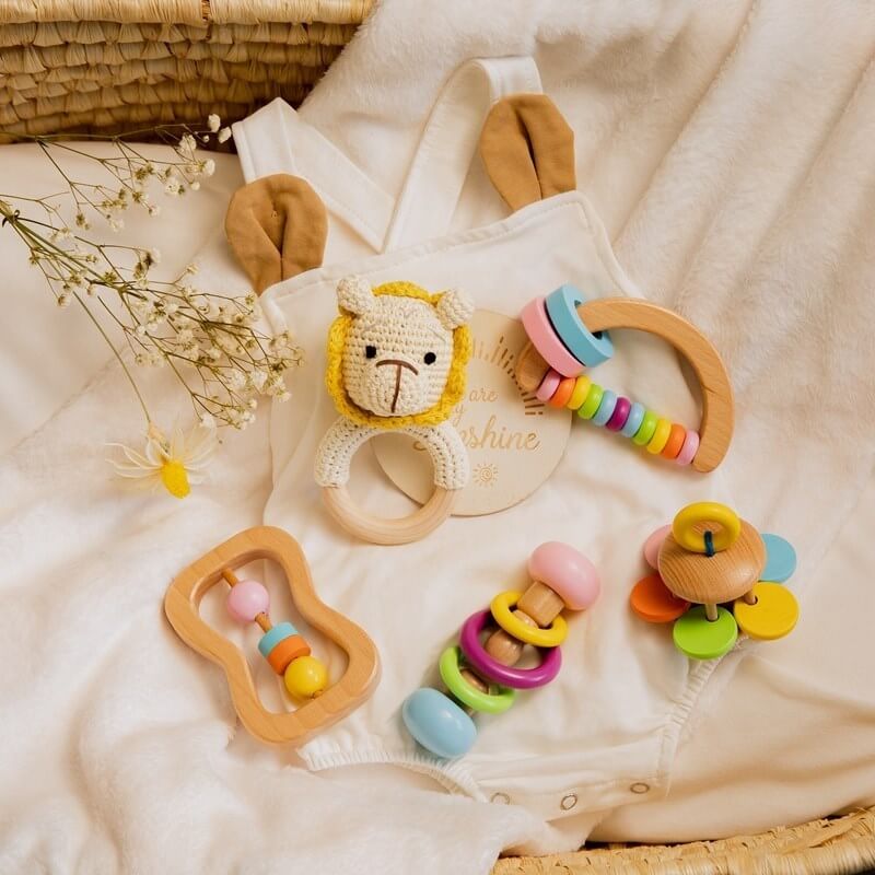 Teether Pacifier rattle set Montessori cognitive motor skills Handmade crochet