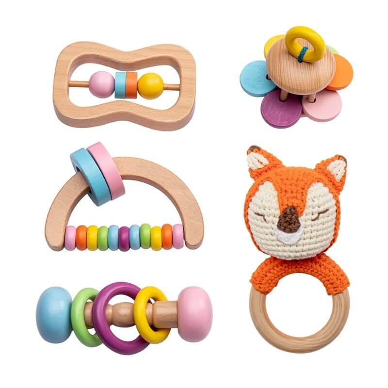 Teether Pacifier rattle set Montessori cognitive motor skills Fox crochet