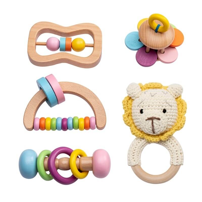 Teether Pacifier rattle set Montessori cognitive motor skills Lion crochet