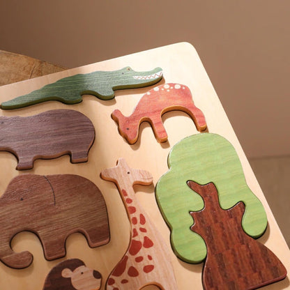 wooden puzzle game cute animal designs hand-eye coordination, gross motor skills, shape recognition, problem-solving abilities, thinking skills children toddlers toddler preschooler early learning animals shapes colors wood wooden toy gift birthday christmas 