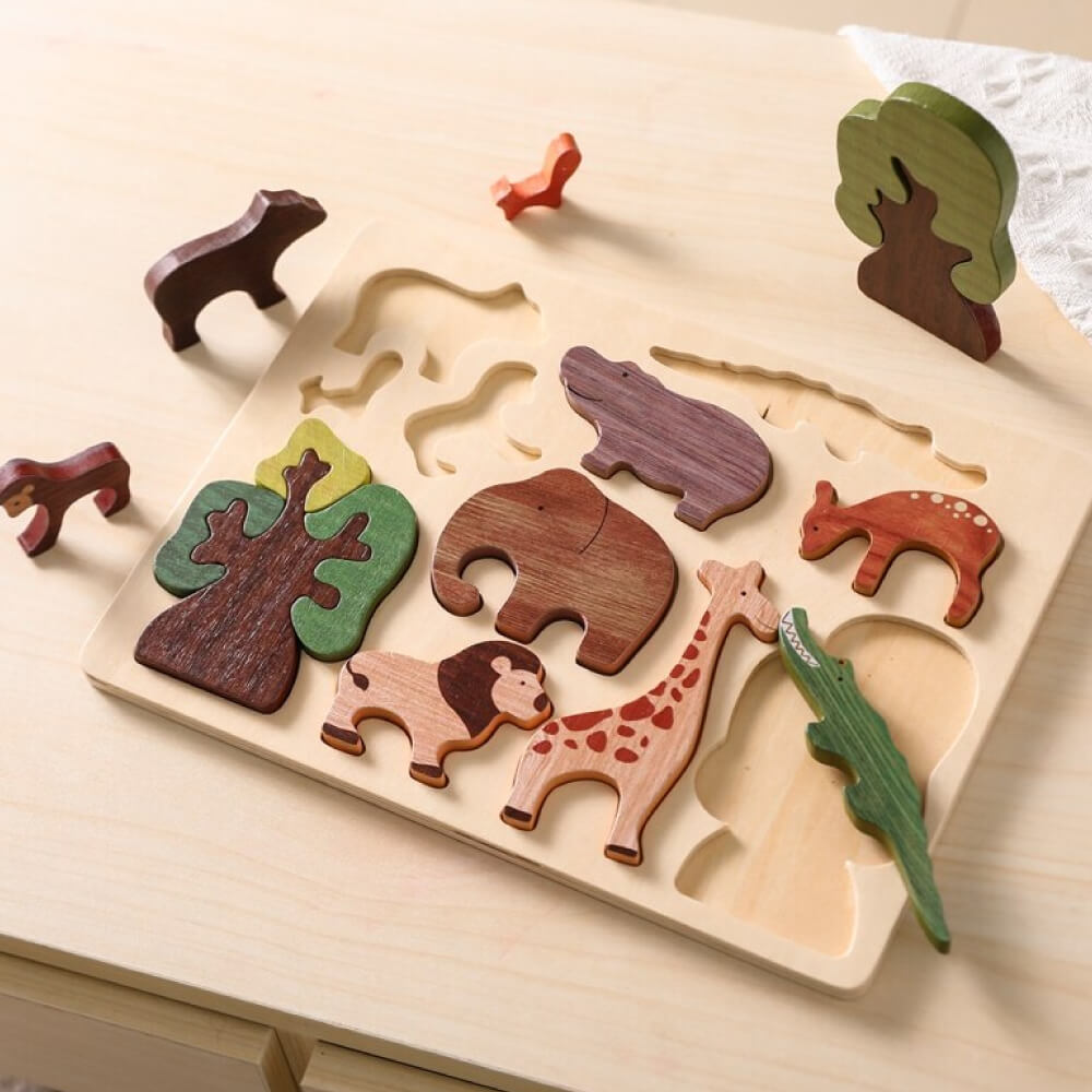 wooden puzzle game cute animal designs hand-eye coordination, gross motor skills, shape recognition, problem-solving abilities, thinking skills children toddlers toddler preschooler early learning animals shapes colors wood wooden toy gift birthday christmas 