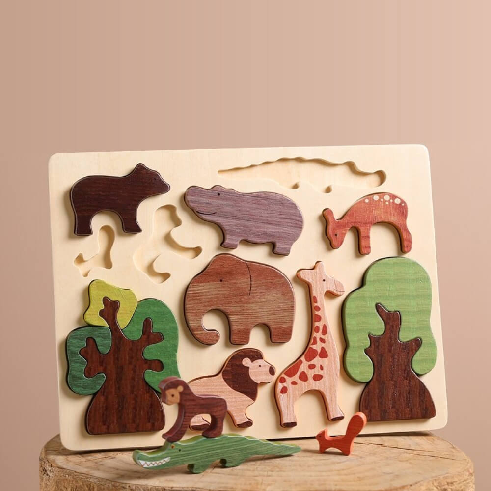 wooden puzzle game cute animal designs hand-eye coordination, gross motor skills, shape recognition, problem-solving abilities, thinking skills children toddlers toddler preschooler early learning animals shapes colors wood wooden toy gift birthday christmas 