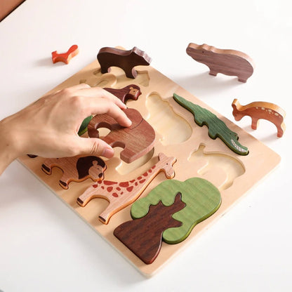 wooden puzzle game cute animal designs hand-eye coordination, gross motor skills, shape recognition, problem-solving abilities, thinking skills children toddlers toddler preschooler early learning animals shapes colors wood wooden toy gift birthday christmas 