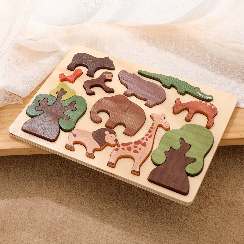 wooden puzzle game cute animal designs hand-eye coordination, gross motor skills, shape recognition, problem-solving abilities, thinking skills children toddlers toddler preschooler early learning animals shapes colors wood wooden toy gift birthday christmas 