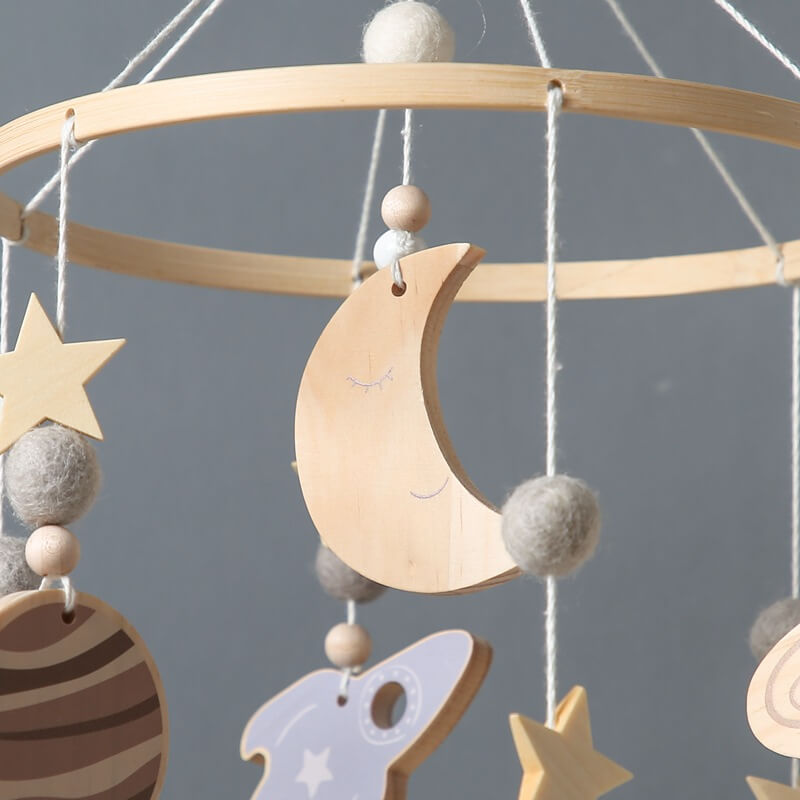 Wooden space-themed baby mobile with celestial designs, providing auditory, motor, visual stimulation infants. Crafted high-quality wood smooth burr-free design safety, new expecting parents gift baby new born baby birthday christmas