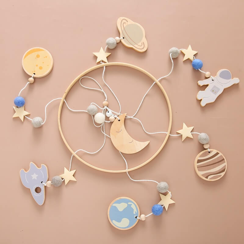 Wooden space-themed baby mobile with celestial designs, providing auditory, motor, visual stimulation infants. Crafted high-quality wood smooth burr-free design safety, new expecting parents gift baby new born baby birthday christmas