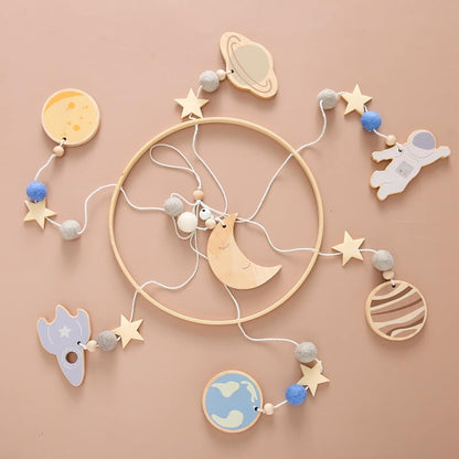 Wooden space-themed baby mobile with celestial designs, providing auditory, motor, visual stimulation infants. Crafted high-quality wood smooth burr-free design safety, new expecting parents gift baby new born baby birthday christmas