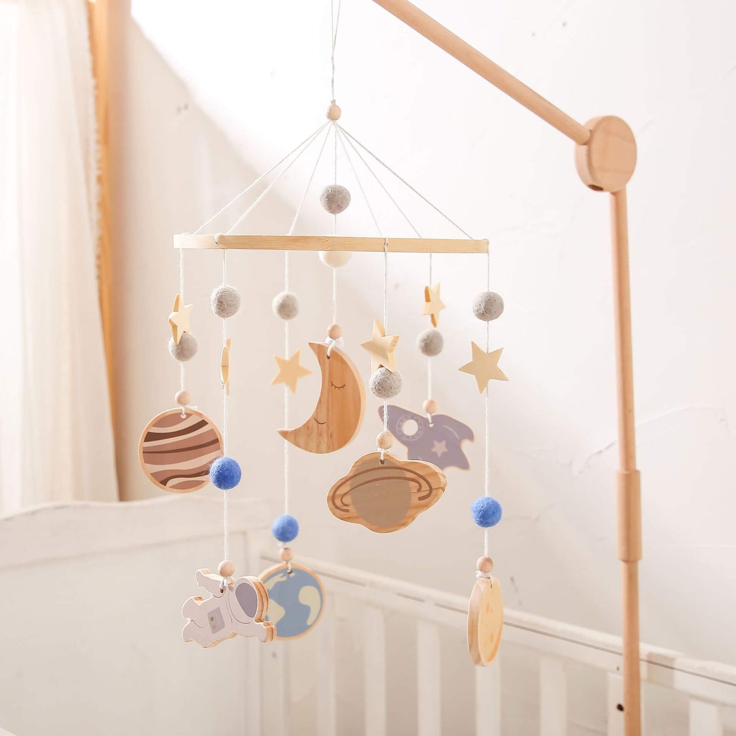 Wooden space-themed baby mobile with celestial designs, providing auditory, motor, visual stimulation infants. Crafted high-quality wood smooth burr-free design safety, new expecting parents gift baby new born baby birthday christmas