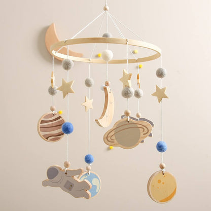 Wooden space-themed baby mobile with celestial designs, providing auditory, motor, visual stimulation infants. Crafted high-quality wood smooth burr-free design safety, new expecting parents gift baby new born baby birthday christmas