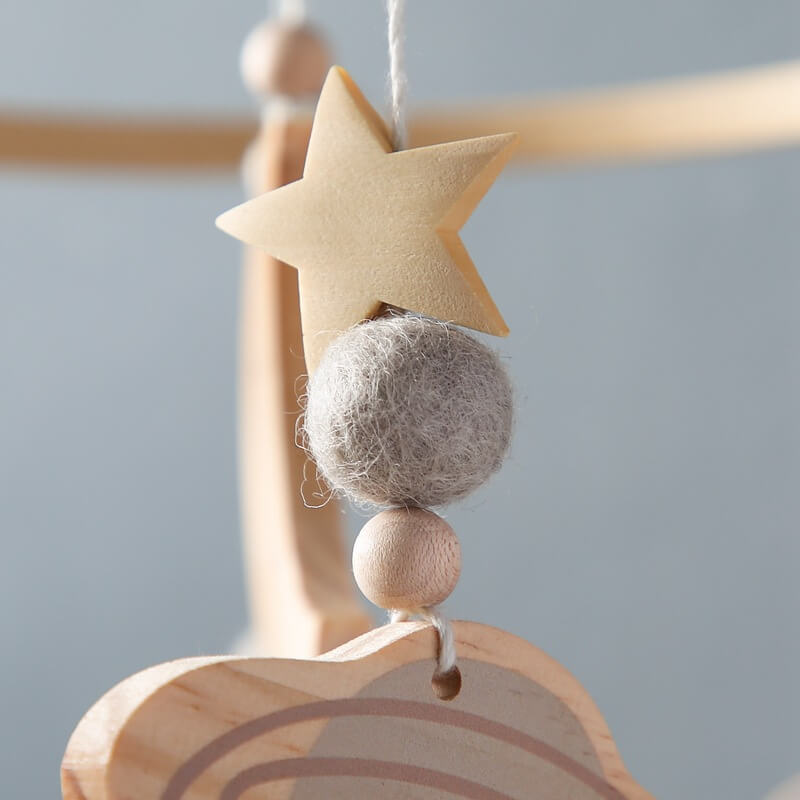 Wooden space-themed baby mobile with celestial designs, providing auditory, motor, visual stimulation infants. Crafted high-quality wood smooth burr-free design safety, new expecting parents gift baby new born baby birthday christmas